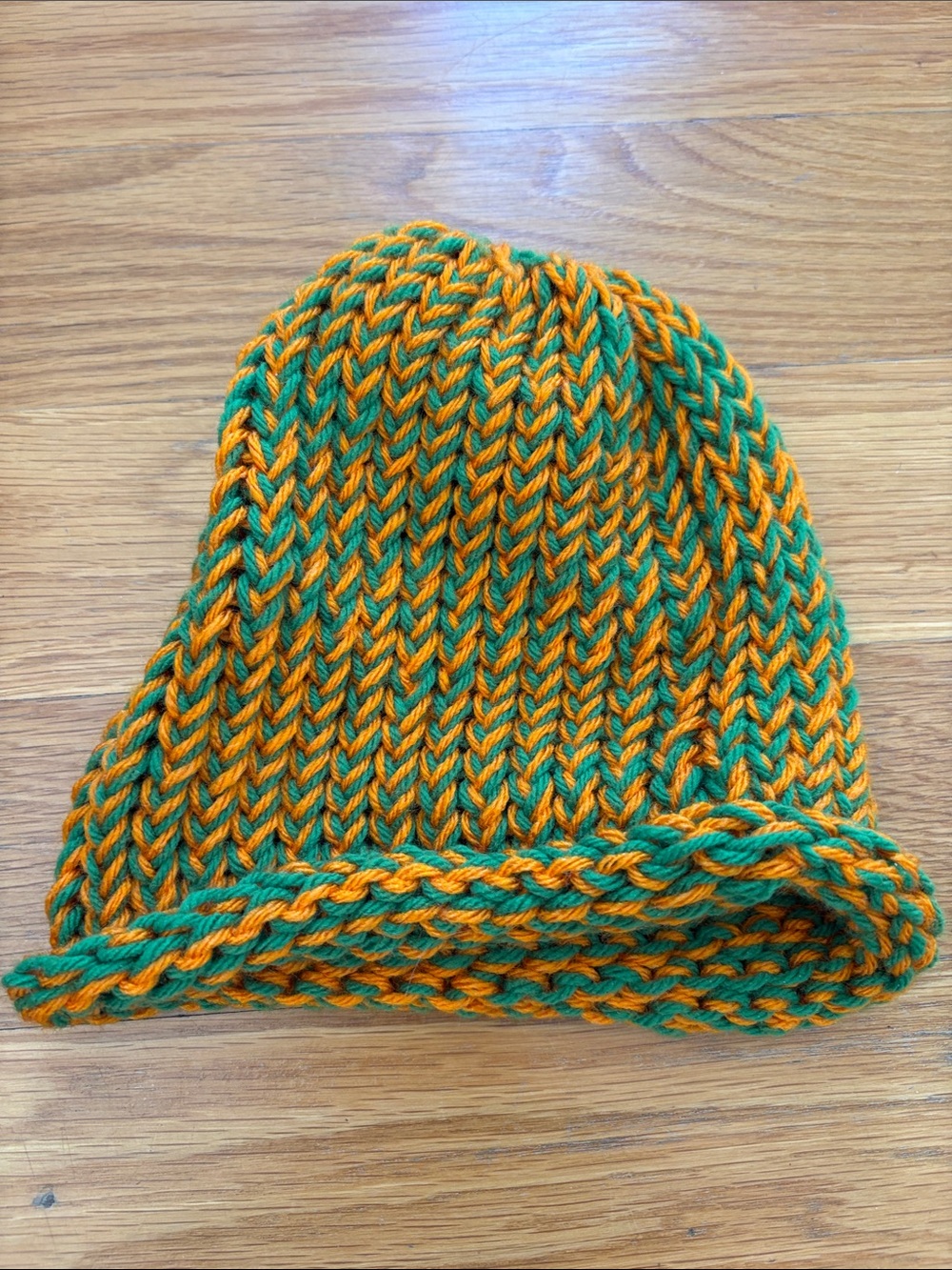 Hand-Knit Kids Beanie in Green & Orange